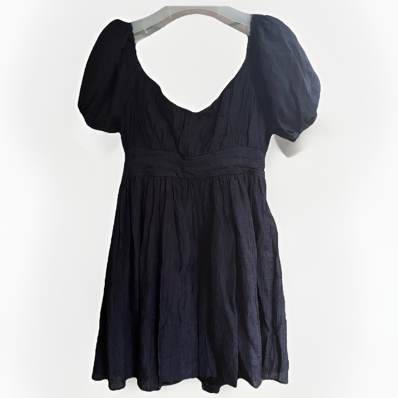 &merci Crinkle Babydoll Mini Dress High Waist Black Fit & Flair Puff Sleeve L - Picture 1 of 12